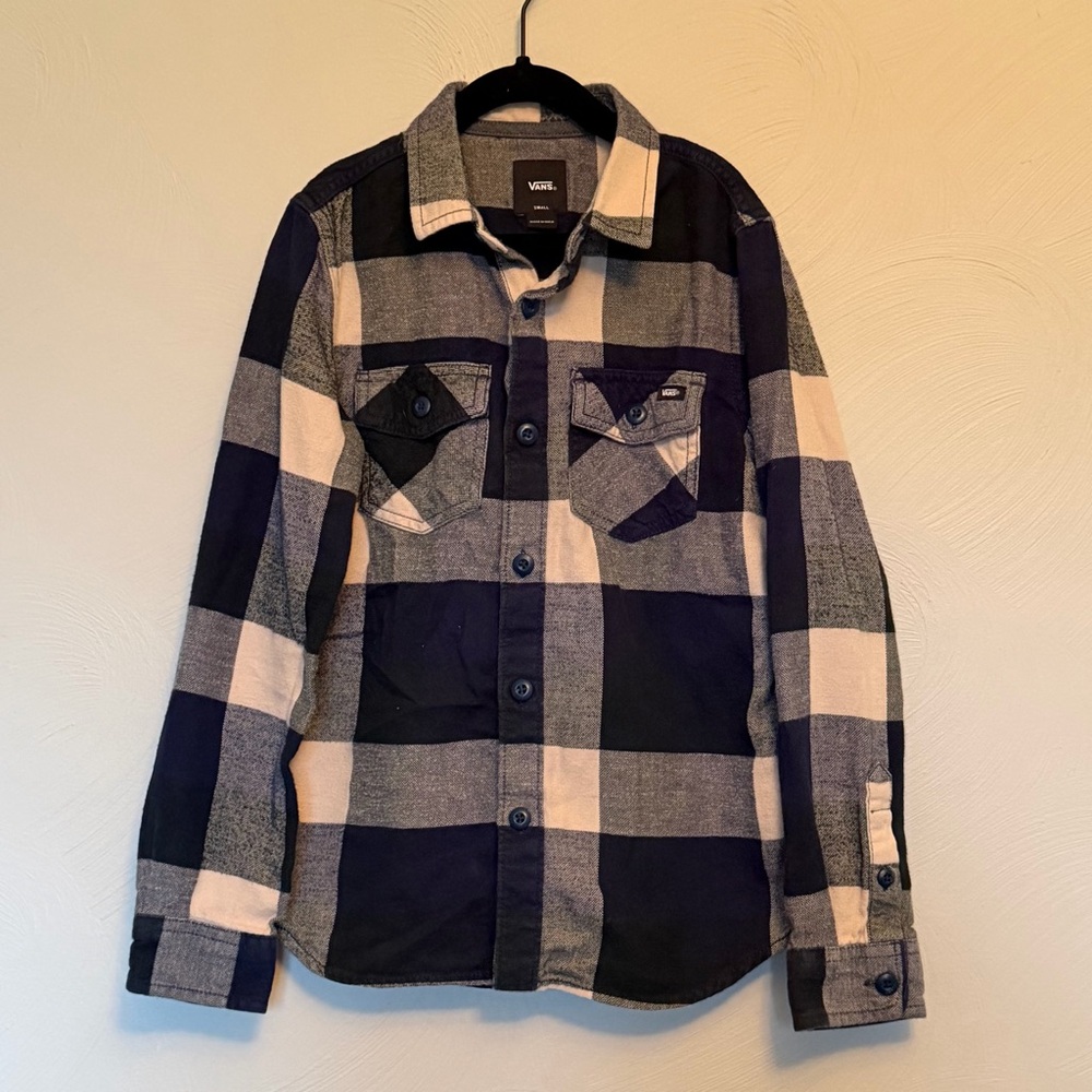 Vans Kids Navy and Green Plaid Button Down Flannel Shirt